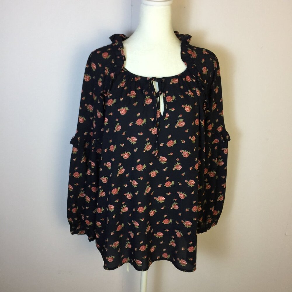 Caslon Blouse Top Size M Womans Black Red Floral Ruffle Peasant Long Sleeve Boho